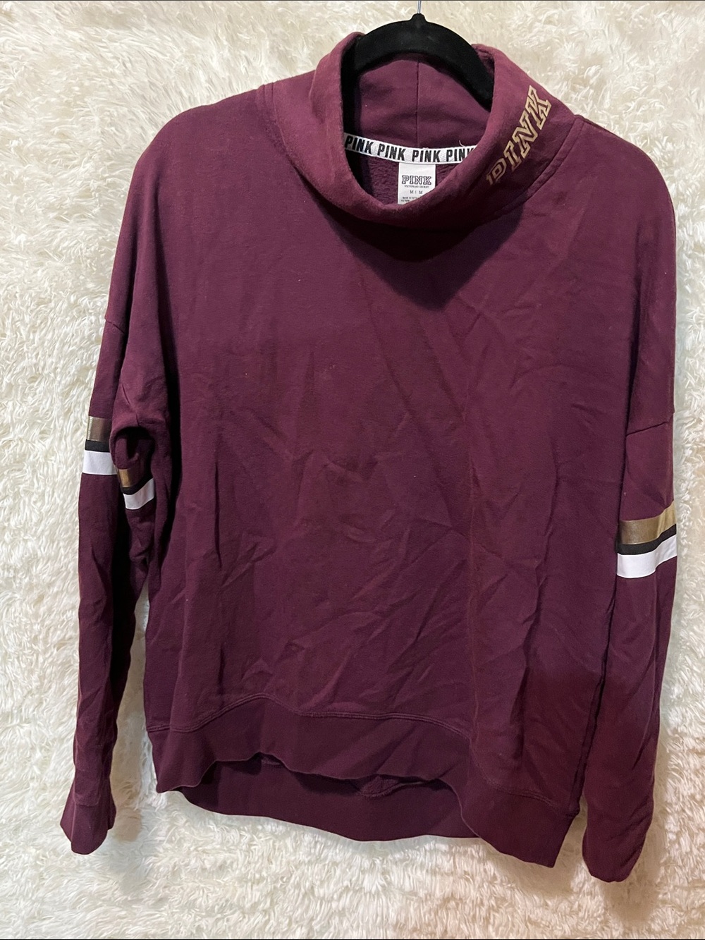 PINK Victoria's Secret Wine Cowl Neck Sweatshirt with Sleeve Stripes